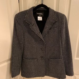 CHANEL Jacket 44 Black White Fray Blazer